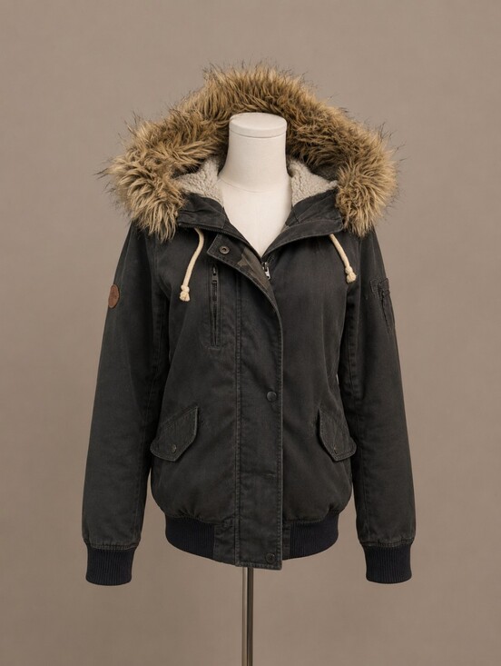 Roxy Jackets & Blazers - Roxy Dark Women's Gray Bomber Jacket with Faux Fur Hood